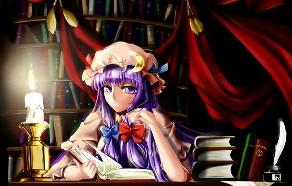 Look, girl, books, candle, surprise, library, touhou, art