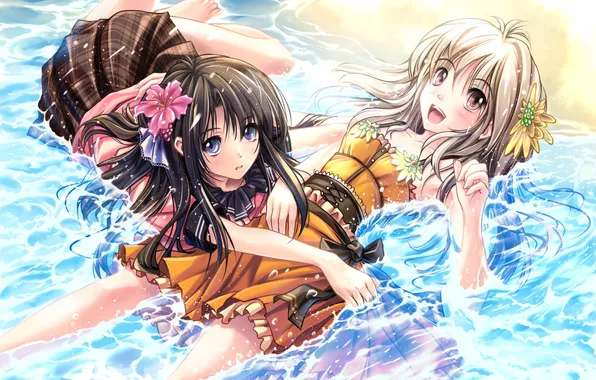 Water, flowers, girls, shore, anime, art, soraizumi
