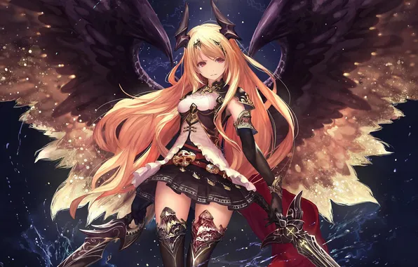 Girl, weapons, wings, sword, anime, art, horns, tachikawa mushimaro