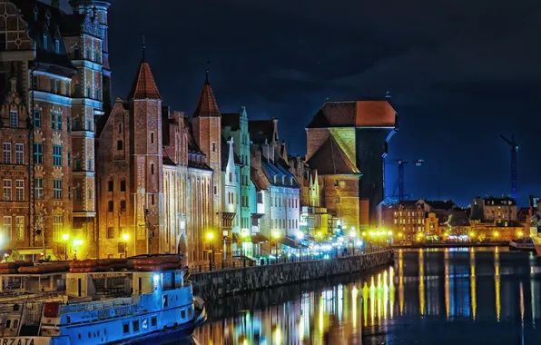 Picture night, the city, lights, home, Poland, channel, river, ship