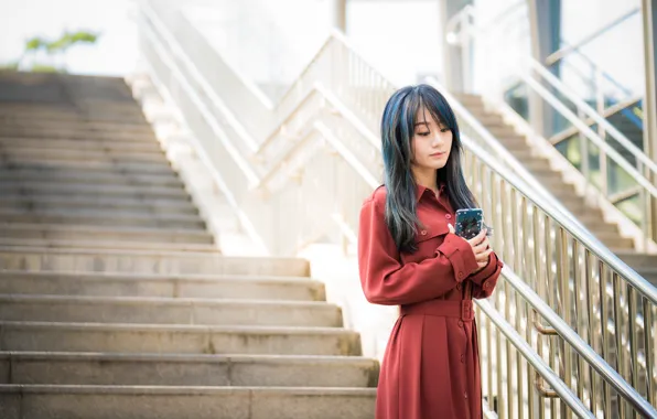 Girl, hair, ladder, phone, Asian, bokeh