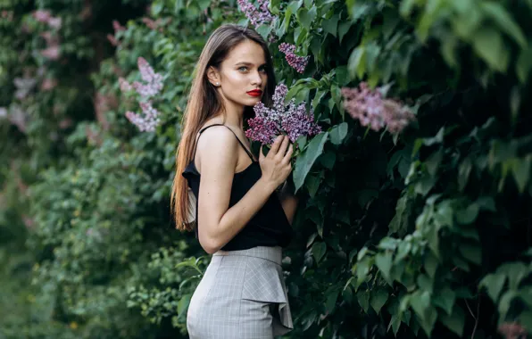 Picture look, girl, flowers, nature, Park, foliage, skirt, spring