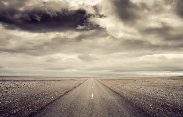 Road, clouds, desert, horizon