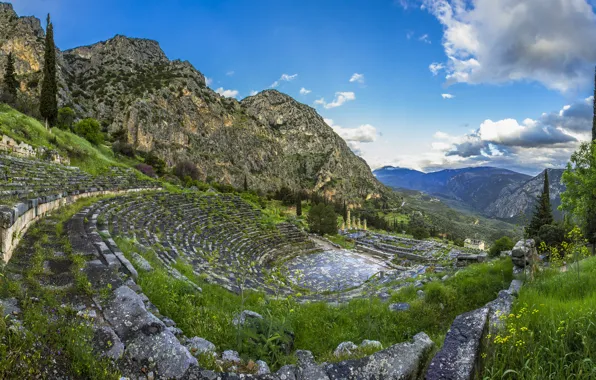 Sea, mountains, Greece, valley, slope, Delphi