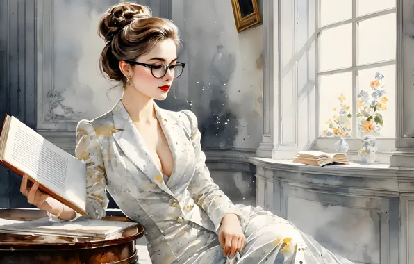 Girl, dress, glasses, white background, book, painting, imitation painting, AI art