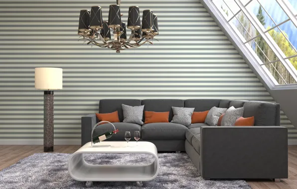 Sofa, interior, chandelier, table, living room, modern