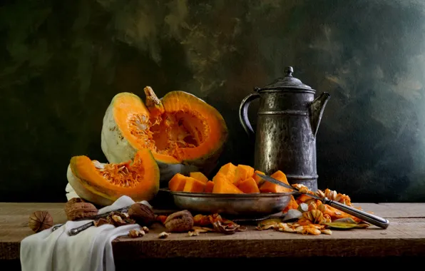 Pumpkin, nuts, still life, coffee pot