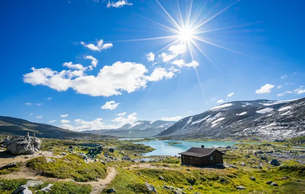 Picture the sun, mountains, house, Norway