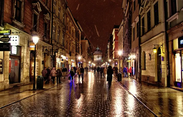 The city, people, rain, street, home, the evening, lighting, Poland