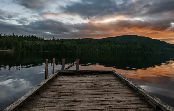 Forest, the sky, clouds, sunset, clouds, lake, reflection, shore