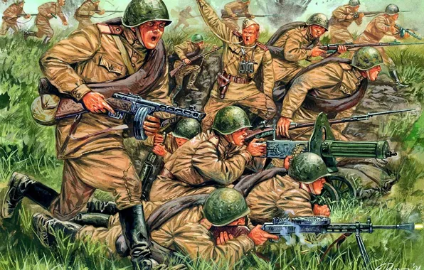 Attack, explosions, art, artist, soldiers, shooting, the battle, WWII