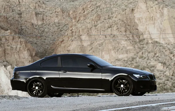 Picture rock, background, black, tuning, stone, BMW, car, sedan
