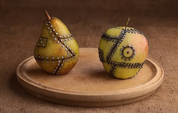 Table, Apple, pear, dish, rivets