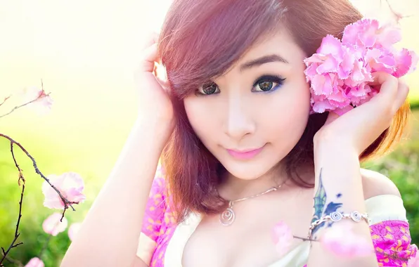 Eyes, girl, trees, flowers, tattoo, Asian