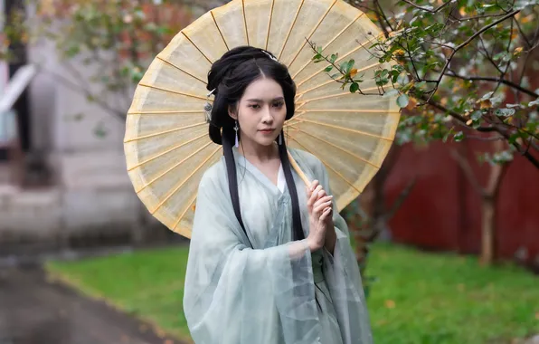 Girl, umbrella, kimono, Asian