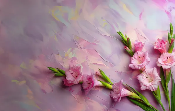 Flowers, pink, strokes, composition, gladiolus, AI art, neural network