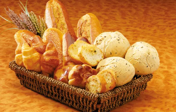 Picture basket, bread, muffin, cakes, buns, chunks, loaves