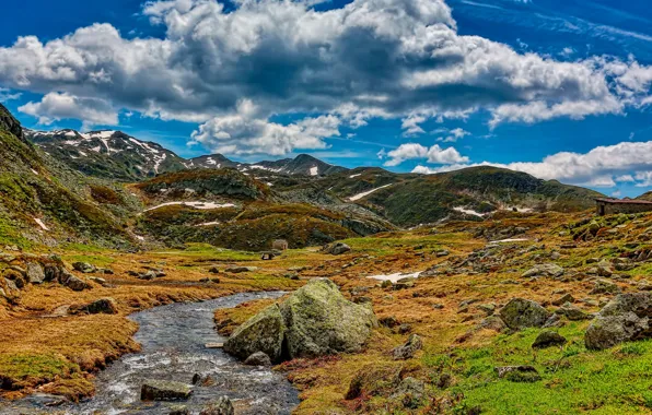 Wallpaper stones, mountains, stream, the sky, river, clouds