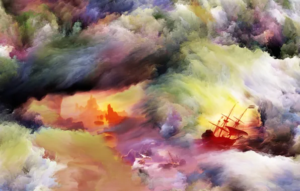Picture storm, paint, smoke, ship, brightness