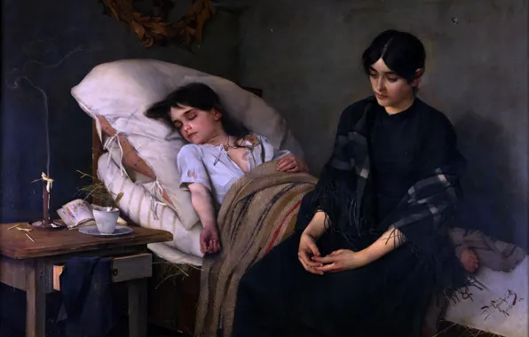 Picture Girls, Picture, Bed, Two, Polish artist, Death of an orphan, Stanislaw Grocholski, Stanislav Groholsky