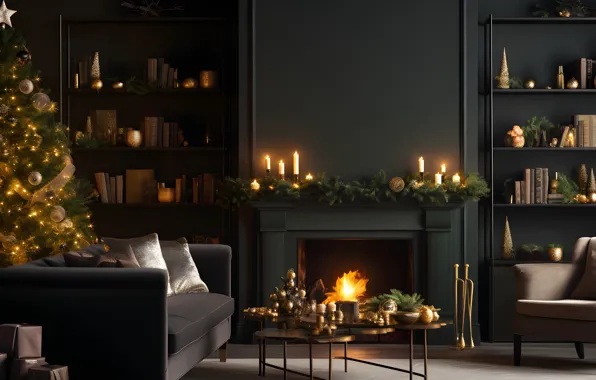 Decoration, room, balls, tree, interior, New Year, Christmas, gifts