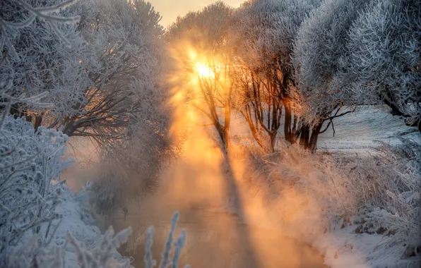 Frost, river, dawn, Winter