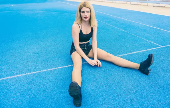 Denim shorts, denim shorts, bright lipstick, black top, leggy blonde, black top, sitting girl, sitting …