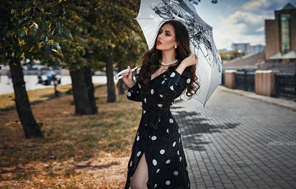 Girl, pose, rain, umbrella, dress, Anton Kharisov, Maria Bashmakov