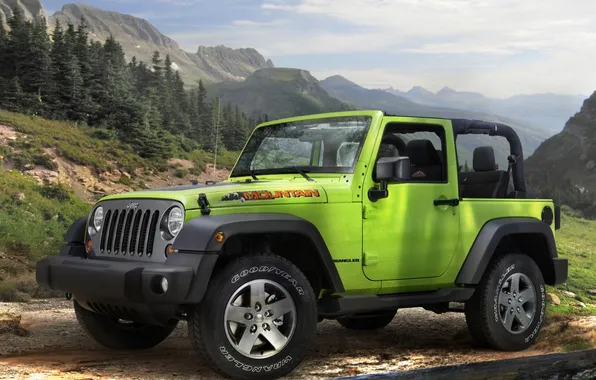 Nature, SUV, green, the front, mountain, jeep, wrangler, mountains.the sky