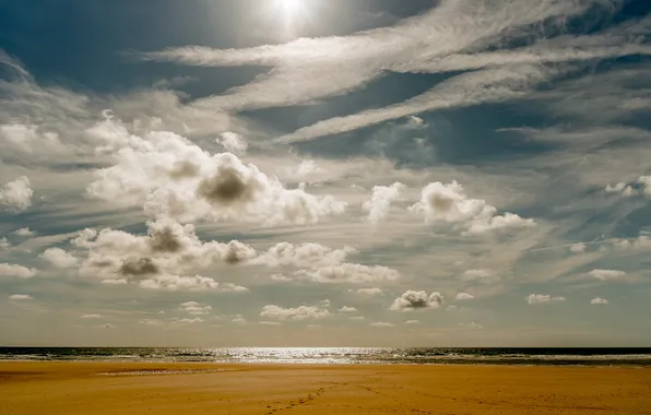 Sea, beach, the sky, the sun, clouds, horizon