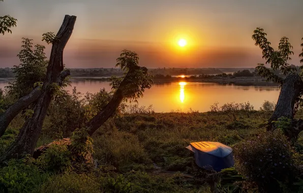 Sunset, river, boat