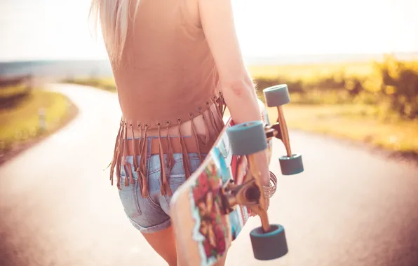 Picture girl, shorts, Board, skateboard, denim