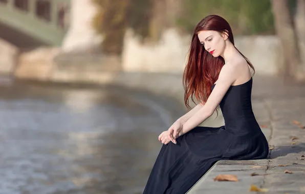 Autumn, look, water, girl, pose, river, hair, makeup