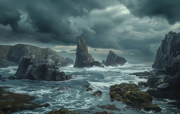 Sea, wave, the sky, clouds, storm, stones, rocks, shore