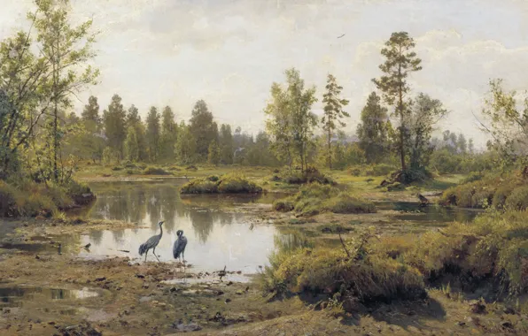 Picture landscape, birds, nature, picture, Heron, Ivan Shishkin, Swamp. Polesie