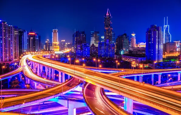 Road, Lights, Night, The city, China, Skyscrapers, Night landscape