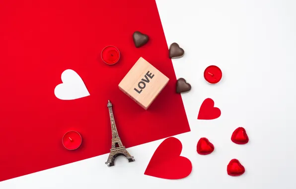 Box, candy, hearts, Eiffel tower, chocolate