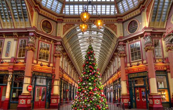 Picture decoration, holiday, balls, England, London, tree, Christmas, Leadenhall Market