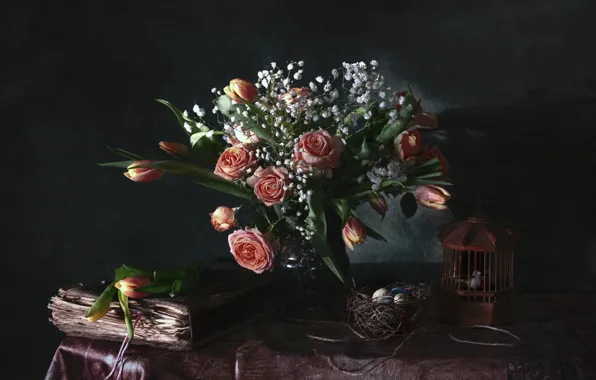 Light, flowers, the dark background, table, roses, eggs, bouquet, cell