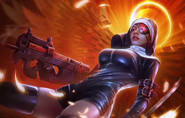 Girl, weapons, latex, girl, gun, fantasy, halo, art