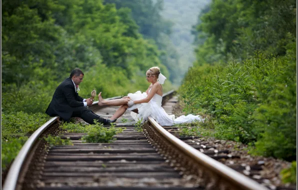 Background, Wallpaper, the situation, wedding, the bride and groom on the rails