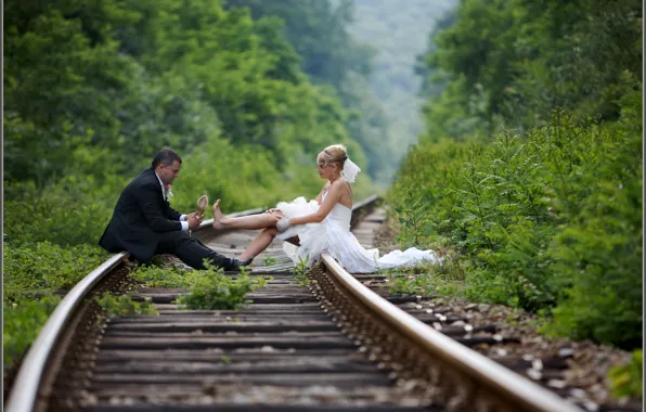 Picture background, situation, Wallpaper, wedding, the bride and groom on the rails