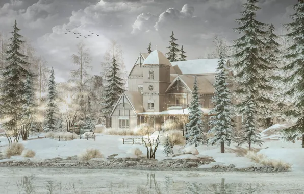 Winter, snow, house, river, ate