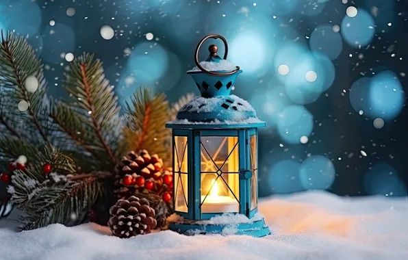 Winter, snow, decoration, New Year, Christmas, lantern, light, new year