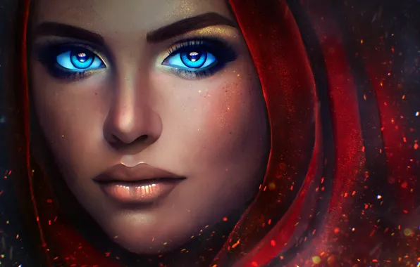Eyes, girl, face, beauty, lips, hood, red, peace
