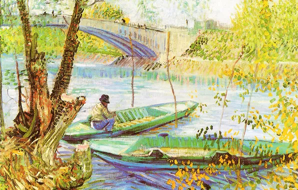 The sky, landscape, bridge, river, boat, picture, fisherman, Vincent Van Gogh