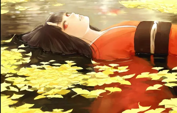 Leaves, water, the demon, kimono, red eyes, horns, youkai