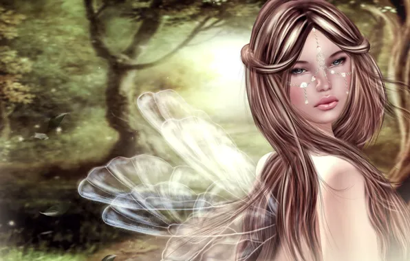 Picture look, girl, face, rendering, background, hair, wings