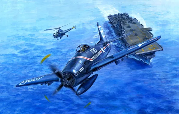 Picture the carrier, helicopter, carrier-based fighter, Bearcat, F8F-1