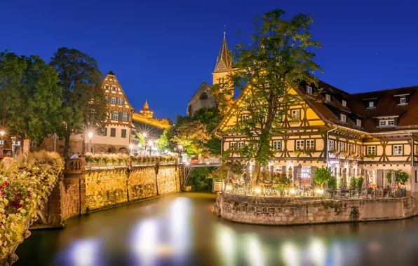 Trees, night, lights, home, Germany, lights, channel, Esslingen